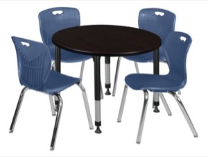 Kee 36" Round Height Adjustable Classroom Table  - Mocha Walnut & 4 Andy 18-in Stack Chairs - Navy Blue