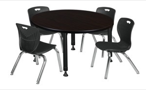 Kee 36" Round Height Adjustable Classroom Table  - Mocha Walnut & 4 Andy 12-in Stack Chairs - Black