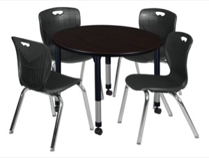 Kee 36" Round Height Adjustable Classroom Table  - Mocha Walnut & 4 Andy 18-in Stack Chairs - Black