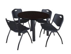 Kee 36" Round Breakroom Table - Mocha Walnut/ Black & 4 'M' Stack Chairs - Black