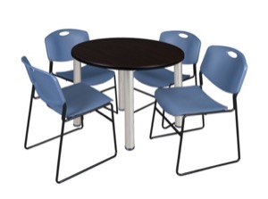 Kee 36" Round Breakroom Table - Mocha Walnut/ Chrome & 4 Zeng Stack Chairs - Blue