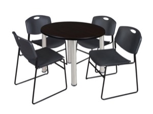 Kee 36" Round Breakroom Table - Mocha Walnut/ Chrome & 4 Zeng Stack Chairs - Black