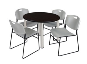 Kee 36" Round Breakroom Table - Mocha Walnut/ Chrome & 4 Zeng Stack Chairs - Grey