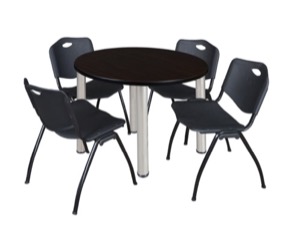 Kee 36" Round Breakroom Table - Mocha Walnut/ Chrome & 4 'M' Stack Chairs - Black