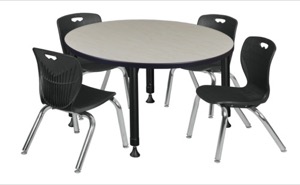 Kee 36" Round Height Adjustable Classroom Table  - Maple & 4 Andy 12-in Stack Chairs - Black