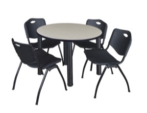 Kee 36" Round Breakroom Table - Maple/ Black & 4 'M' Stack Chairs - Black
