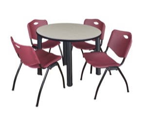 Kee 36" Round Breakroom Table - Maple/ Black & 4 'M' Stack Chairs - Burgundy