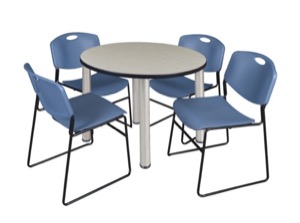 Kee 36" Round Breakroom Table - Maple/ Chrome & 4 Zeng Stack Chairs - Blue