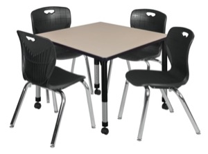 Kee 42" Square Height Adjustable Mobile  Classroom Table  - Beige & 4 Andy 18-in Stack Chairs - Black