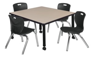 Kee 42" Square Height Adjustable Mobile  Classroom Table  - Beige & 4 Andy 12-in Stack Chairs - Black