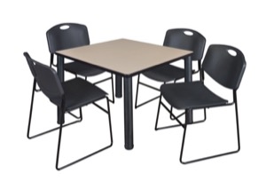 Kee 42" Square Breakroom Table - Beige/ Black & 4 Zeng Stack Chairs - Black
