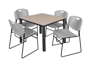 Kee 42" Square Breakroom Table - Beige/ Black & 4 Zeng Stack Chairs - Grey