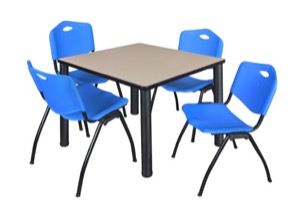 Kee 42" Square Breakroom Table - Beige/ Black & 4 'M' Stack Chairs - Blue