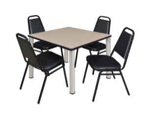 Kee 42" Square Breakroom Table - Beige/ Chrome & 4 Restaurant Stack Chairs - Black