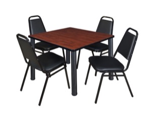Kee 42" Square Breakroom Table - Cherry/ Black & 4 Restaurant Stack Chairs - Black
