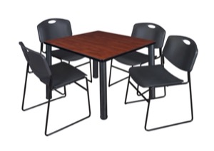 Kee 42" Square Breakroom Table - Cherry/ Black & 4 Zeng Stack Chairs - Black