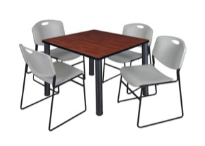 Kee 42" Square Breakroom Table - Cherry/ Black & 4 Zeng Stack Chairs - Grey