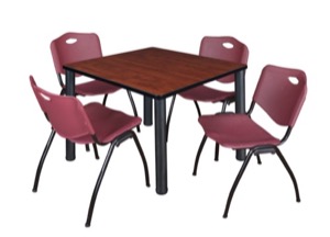 Kee 42" Square Breakroom Table - Cherry/ Black & 4 'M' Stack Chairs - Burgundy