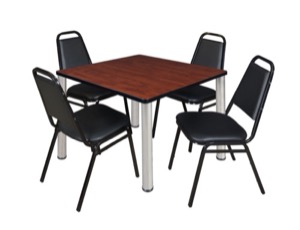 Kee 42" Square Breakroom Table - Cherry/ Chrome & 4 Restaurant Stack Chairs - Black