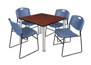 Kee 42" Square Breakroom Table - Cherry/ Chrome & 4 Zeng Stack Chairs - Blue