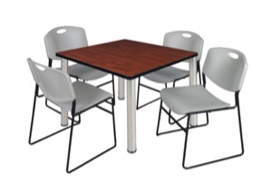 Kee 42" Square Breakroom Table - Cherry/ Chrome & 4 Zeng Stack Chairs - Grey