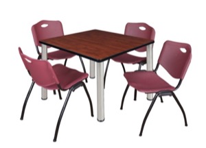 Kee 42" Square Breakroom Table - Cherry/ Chrome & 4 'M' Stack Chairs - Burgundy