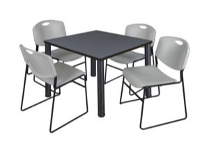 Kee 42" Square Breakroom Table - Grey/ Black & 4 Zeng Stack Chairs - Grey