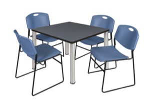 Kee 42" Square Breakroom Table - Grey/ Chrome & 4 Zeng Stack Chairs - Blue