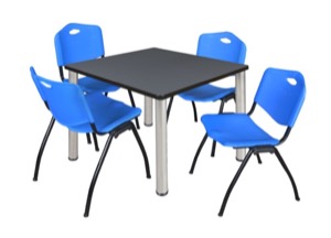 Kee 42" Square Breakroom Table - Grey/ Chrome & 4 'M' Stack Chairs - Blue