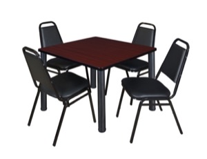 Kee 42" Square Breakroom Table - Mahogany/ Black & 4 Restaurant Stack Chairs - Black