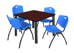 Kee 42" Square Breakroom Table - Mahogany/ Black & 4 'M' Stack Chairs - Blue