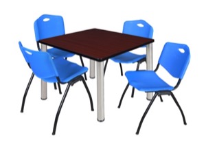 Kee 42" Square Breakroom Table - Mahogany/ Chrome & 4 'M' Stack Chairs - Blue