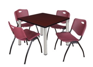 Kee 42" Square Breakroom Table - Mahogany/ Chrome & 4 'M' Stack Chairs - Burgundy