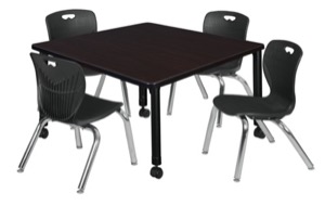 Kee 42" Square Height Adjustable Mobile Classroom Table  - Mocha Walnut & 4 Andy 12-in Stack Chairs - Black