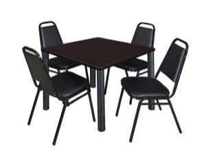 Kee 42" Square Breakroom Table - Mocha Walnut/ Black & 4 Restaurant Stack Chairs - Black