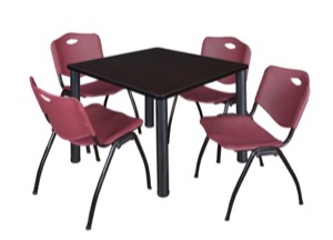 Kee 42" Square Breakroom Table - Mocha Walnut/ Black & 4 'M' Stack Chairs - Burgundy