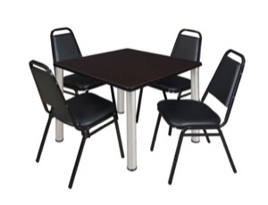 Kee 42" Square Breakroom Table - Mocha Walnut/ Chrome & 4 Restaurant Stack Chairs - Black