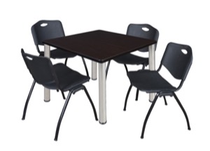 Kee 42" Square Breakroom Table - Mocha Walnut/ Chrome & 4 'M' Stack Chairs - Black