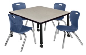 Kee 42" Square Height Adjustable Mobile Classroom Table  - Maple & 4 4 Andy 12-in Stack Chairs - Navy Blue