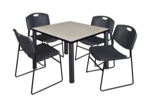Kee 42" Square Breakroom Table - Maple/ Black & 4 Zeng Stack Chairs - Black