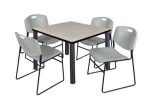 Kee 42" Square Breakroom Table - Maple/ Black & 4 Zeng Stack Chairs - Grey