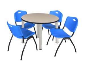 Kee 42" Round Breakroom Table - Beige/ Chrome & 4 'M' Stack Chairs - Blue
