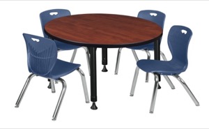 Kee 42" Round Height Adjustable Classroom Table  - Cherry & 4 Andy 12-in Stack Chairs - Navy Blue 
