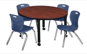 Kee 42" Round Height Adjustable Classroom Table  - Cherry & 4 Andy 12-in Stack Chairs - Navy Blue 