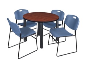 Kee 42" Round Breakroom Table - Cherry/ Black & 4 Zeng Stack Chairs - Blue