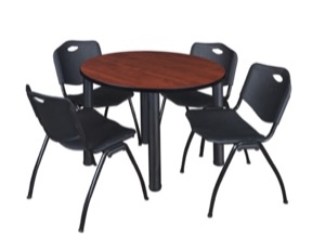 Kee 42" Round Breakroom Table - Cherry/ Black & 4 'M' Stack Chairs - Black