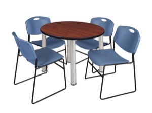 Kee 42" Round Breakroom Table - Cherry/ Chrome & 4 Zeng Stack Chairs - Blue