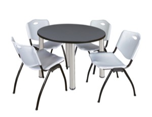 Kee 42" Round Breakroom Table - Grey/ Chrome & 4 'M' Stack Chairs - Grey