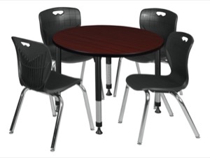 Kee 42" Round Height Adjustable Classroom Table  - Mahogany & 4 Andy 18-in Stack Chairs - Black