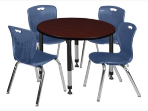 Kee 42" Round Height Adjustable Classroom Table  - Mahogany & 4 Andy 18-in Stack Chairs - Navy Blue